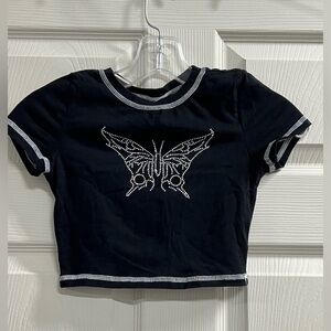 Shein Girls Black Butterfly Cropped Top - Size 10/11 - VGUC